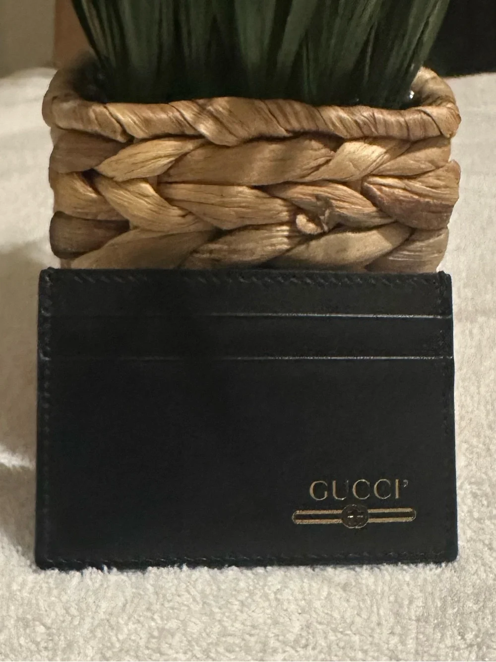 Gucci Black Leather Card Holder Slim Wallet Gold Logo Men’s Unisex